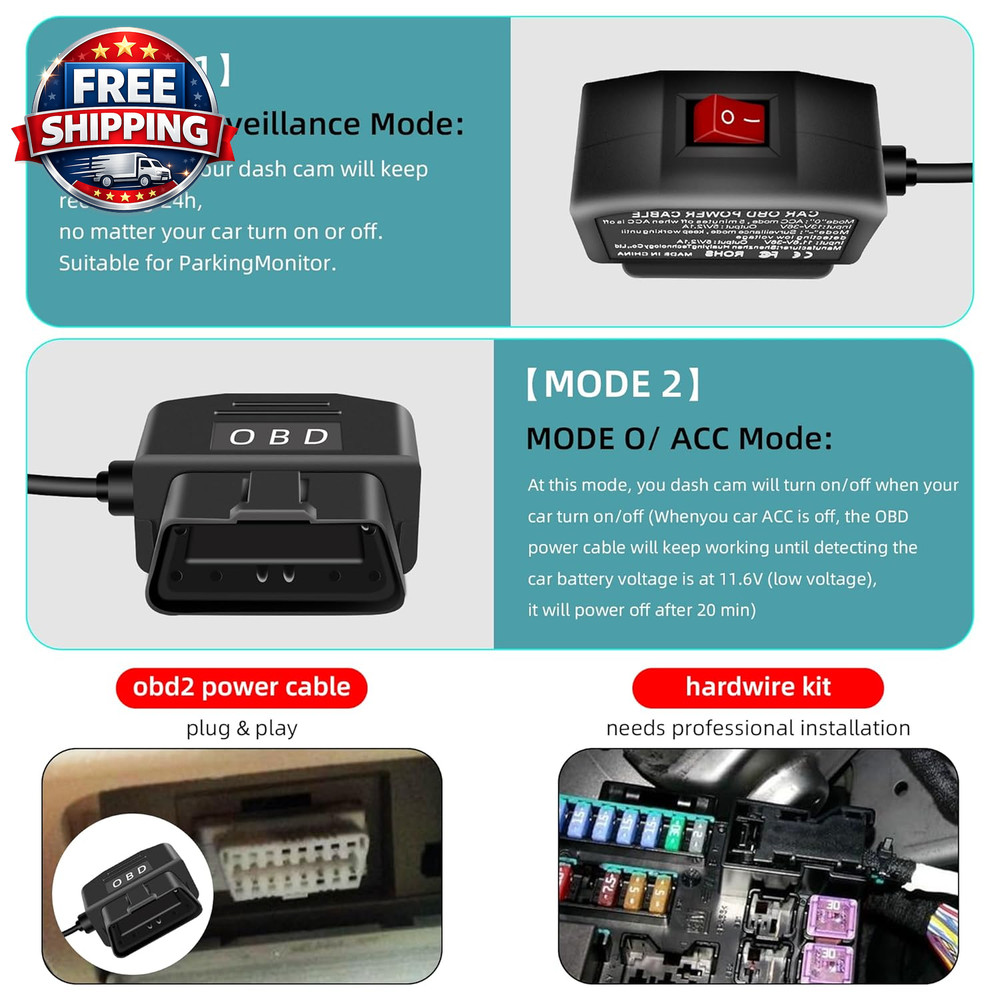 OBD Power Cable for Dash Camera, USB C OBD2 Dash Cam Power Cable with Switch But