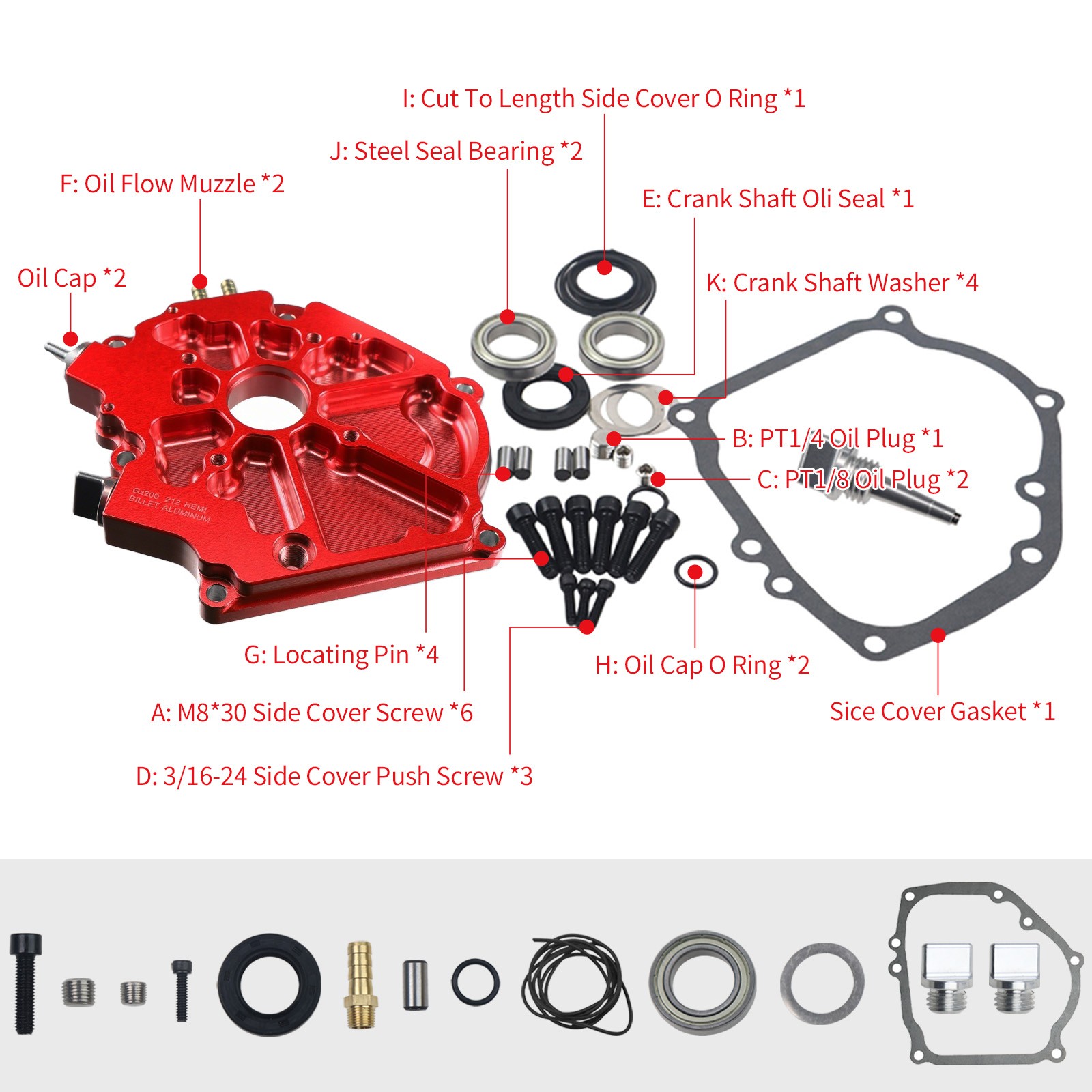 Dual Bearing Billet Side cover For GX200 196 Predator Hemi,Ghost,212 and 224 Red