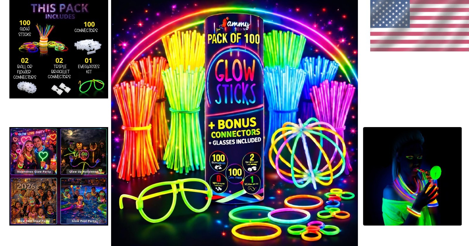Vibrant 100 Pack Glow Sticks with Necklaces & Eyeglasses for Any Celebration