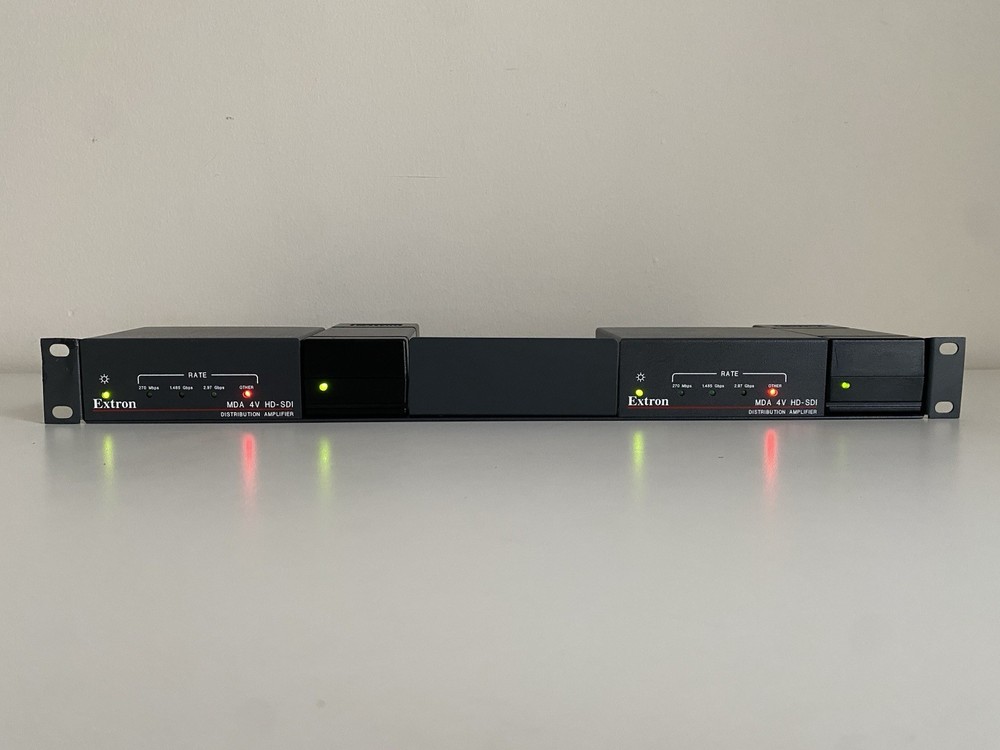Pair of Extron MDA 4V HD-SDI Video Distribution Amplifiers in Rack Shelf