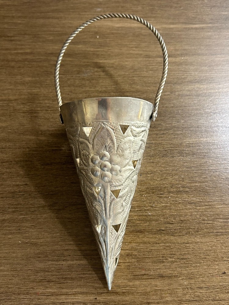 Pair Vintage Silverplate Wall Pocket Vase 5.5" Floral Repousse