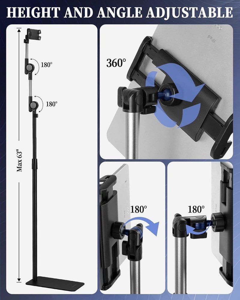 Tablet Floor Stand with Double Self-Locking Worm Gears, 70.9”Height Adjustabl...
