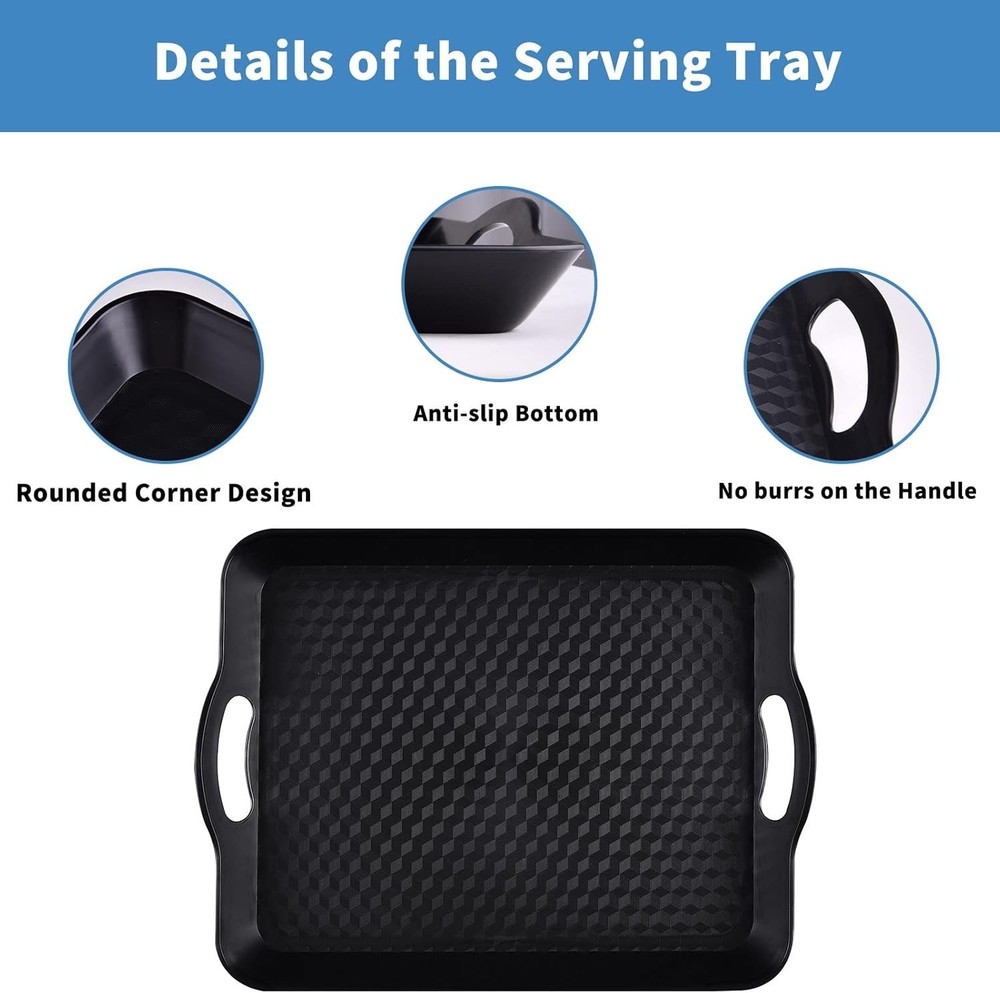 Plastic Tray with Handles, 2 Pack Multi-Purpose Rectangular Non Slip Restaura...