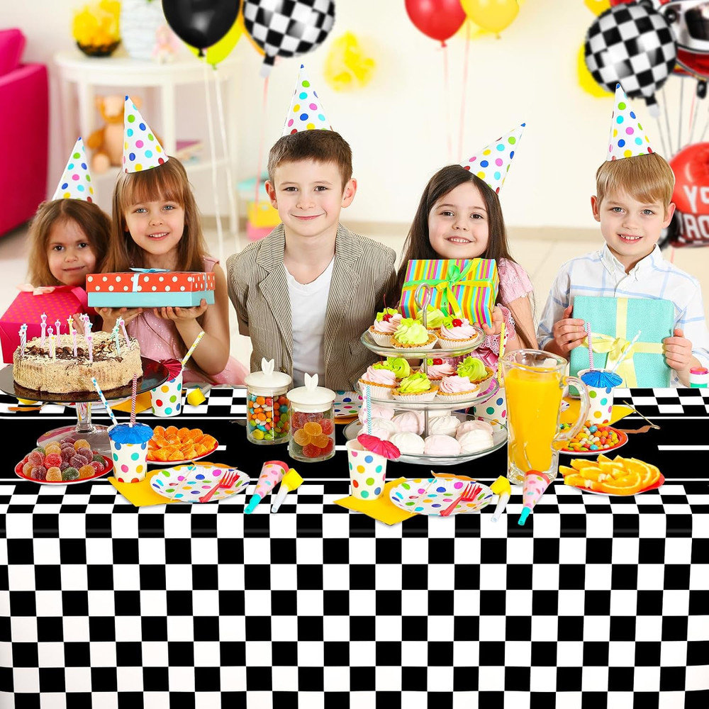 4 Pack Mixed Racing Car Plastic Rectangular Tablecloths, Black and White Checker