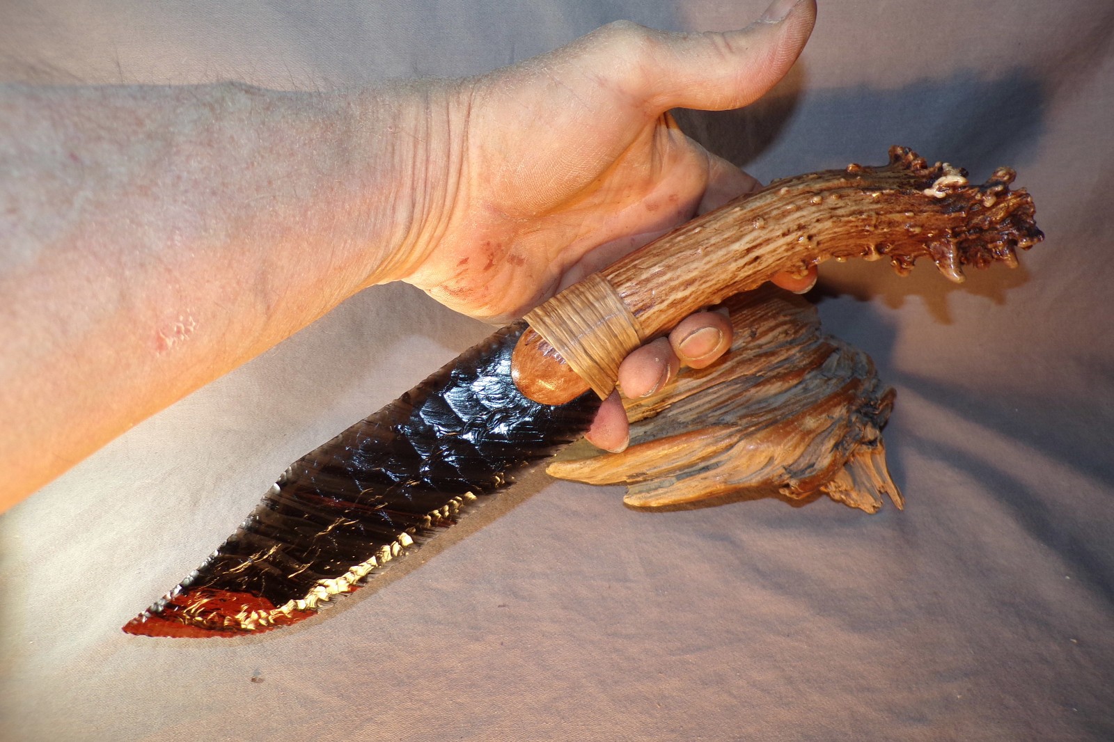 Triple Flow Obsidian Bowie Knife Flint Knapping Black Powder Deer Antler Handle