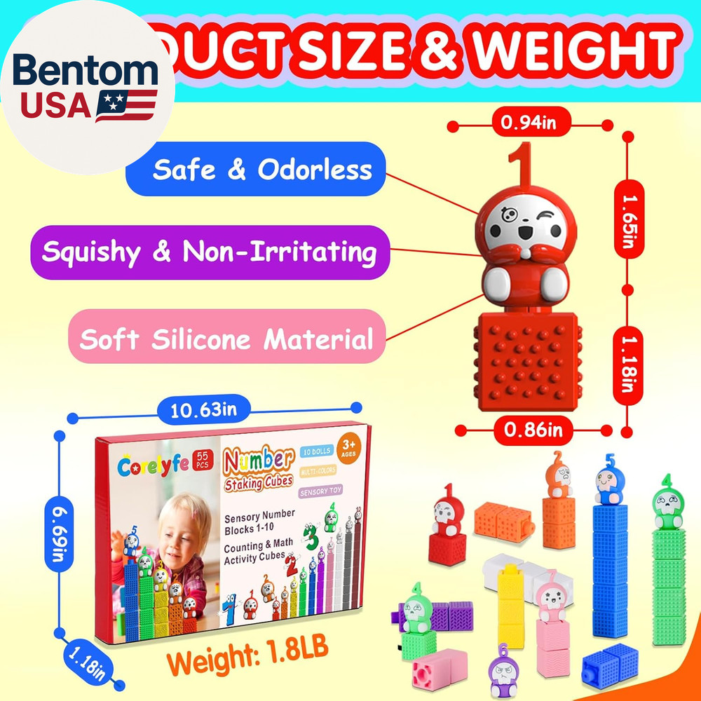 Number Counting Blocks 1-10 with Figures: 65PCS Soft Silicone Stacking & Sensory