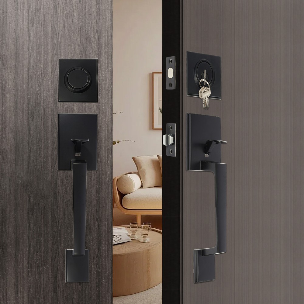 Handle Set w/ Reversible Handle Lever Black Front Door Lock Set Door Handle Set