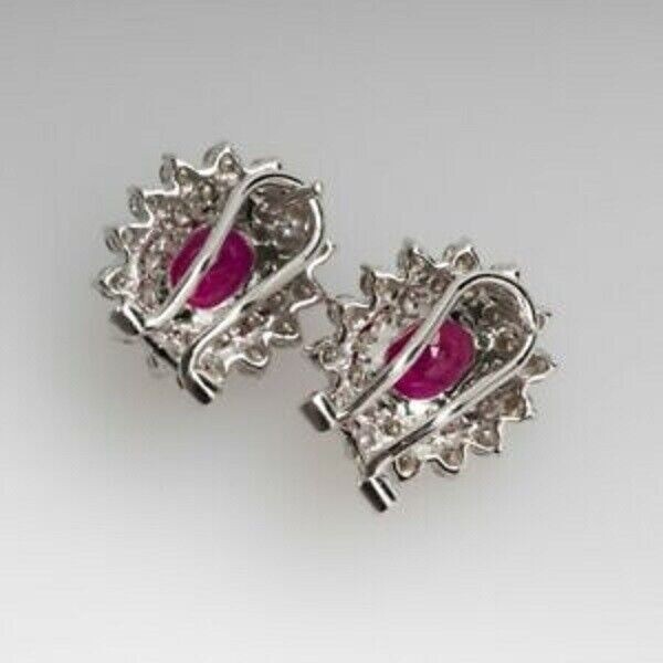 4Ct Lab Created Oval Red Ruby White Diamond Stud Earrings 14K White Gold Over