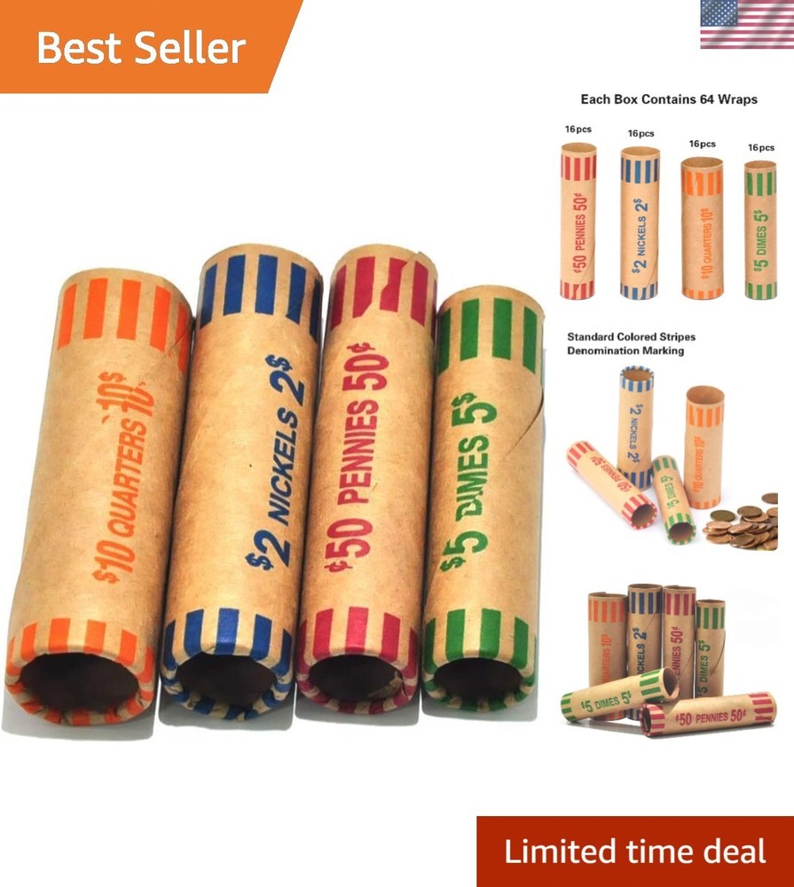 64 Coin Wrapper Rolls - 16 Quarters, 16 Dimes, More for Safe Storage