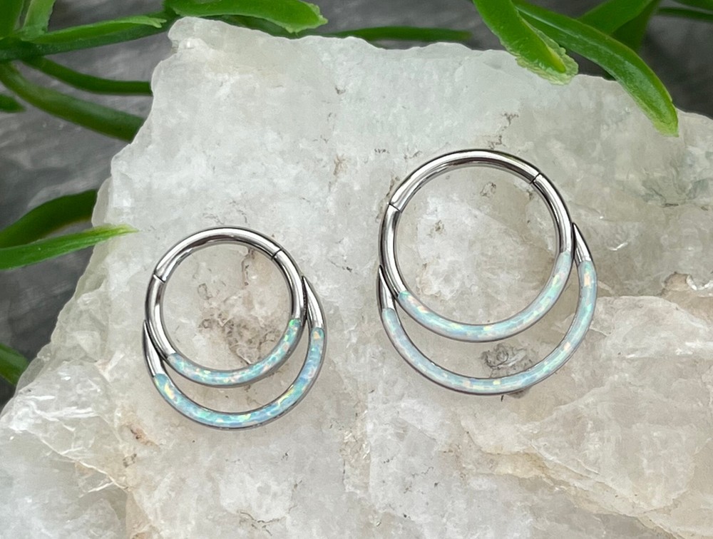 1pc Double Opal Lined Front Hinged Segment Ring Steel Septum Hoop Helix Daith