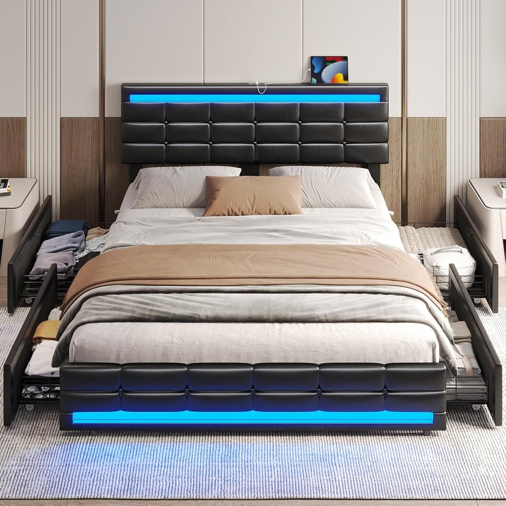 Queen Bed Frame with LED Lights Leather Platform Bed with Storage Drawers and Ch