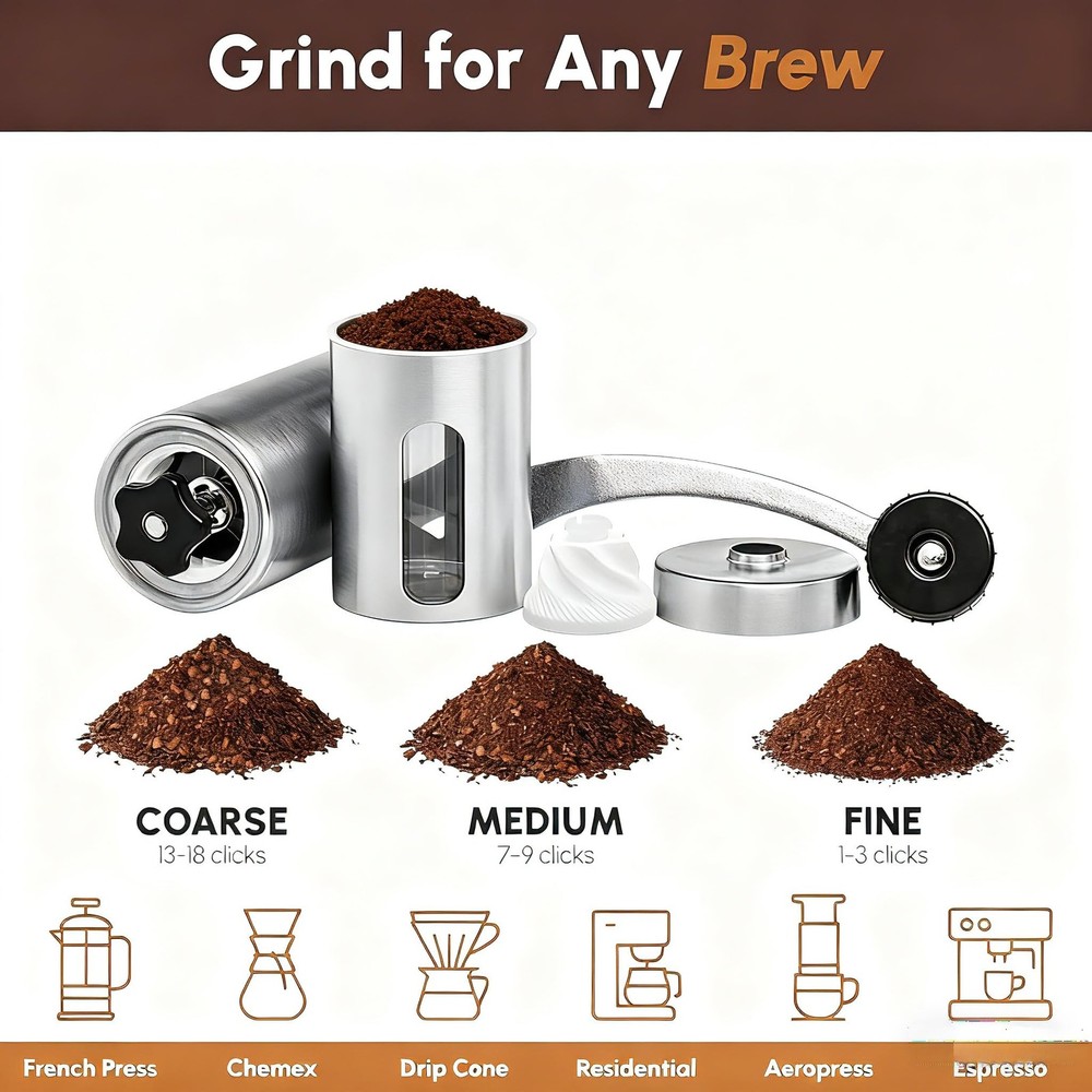 Manual Coffee Grinder with Ceramic Conical Burr - Large size, Silver-white