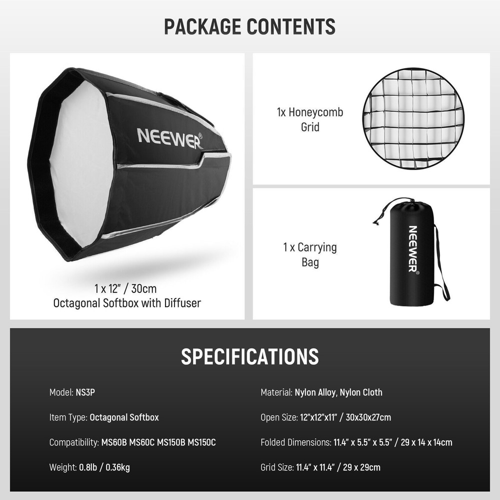 NEEWER 12'' 30cm Mini Octagonal Softbox Honeycomb for MS60 MS60B MS60C MS150B