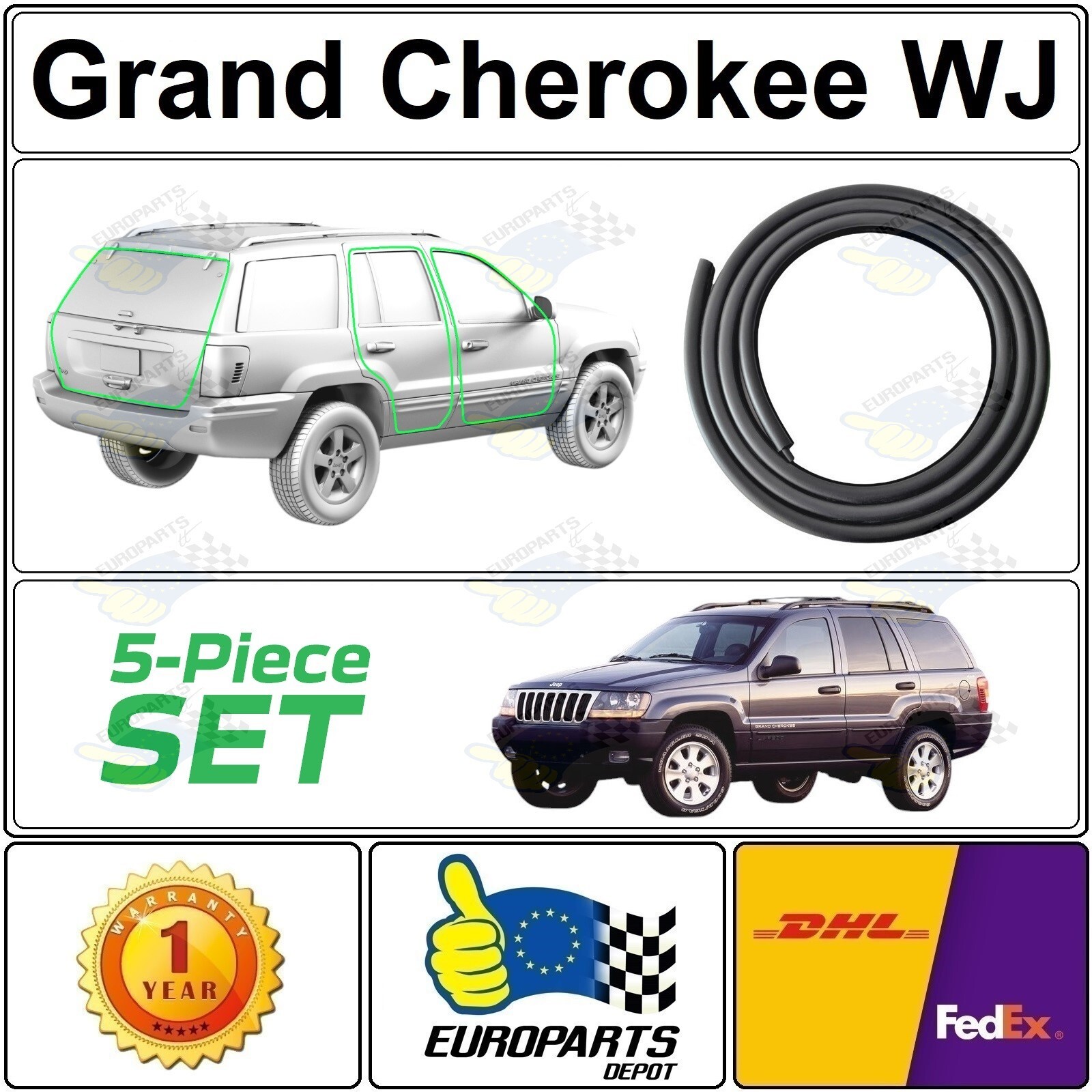 Jeep Grand Cherokee WJ 5-Piece Rubber Seal Weatherstrip Set Doors & Liftgate
