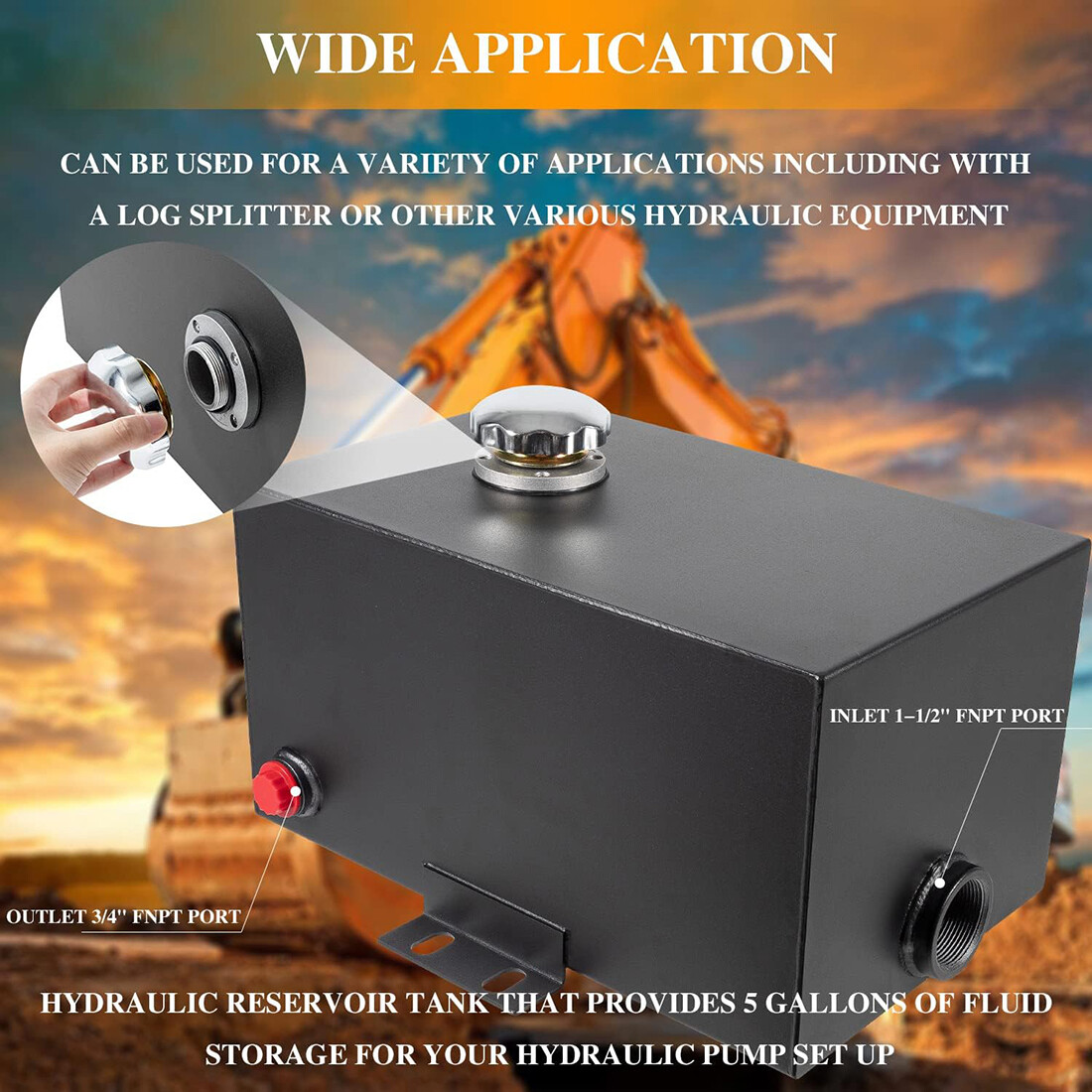 5 Gallon 14 Gauge Steel Hydraulic Fluid Reservoir Tank 1.5" Inlet 0.75" Outlet