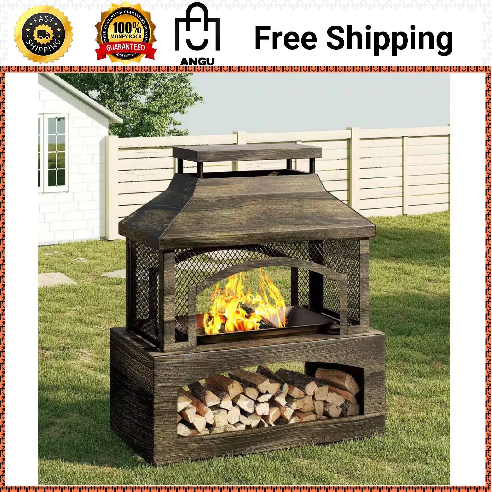 37 In. Steel Outdoor Wood Burning Fireplace with Wood Storage Rectangular Freest
