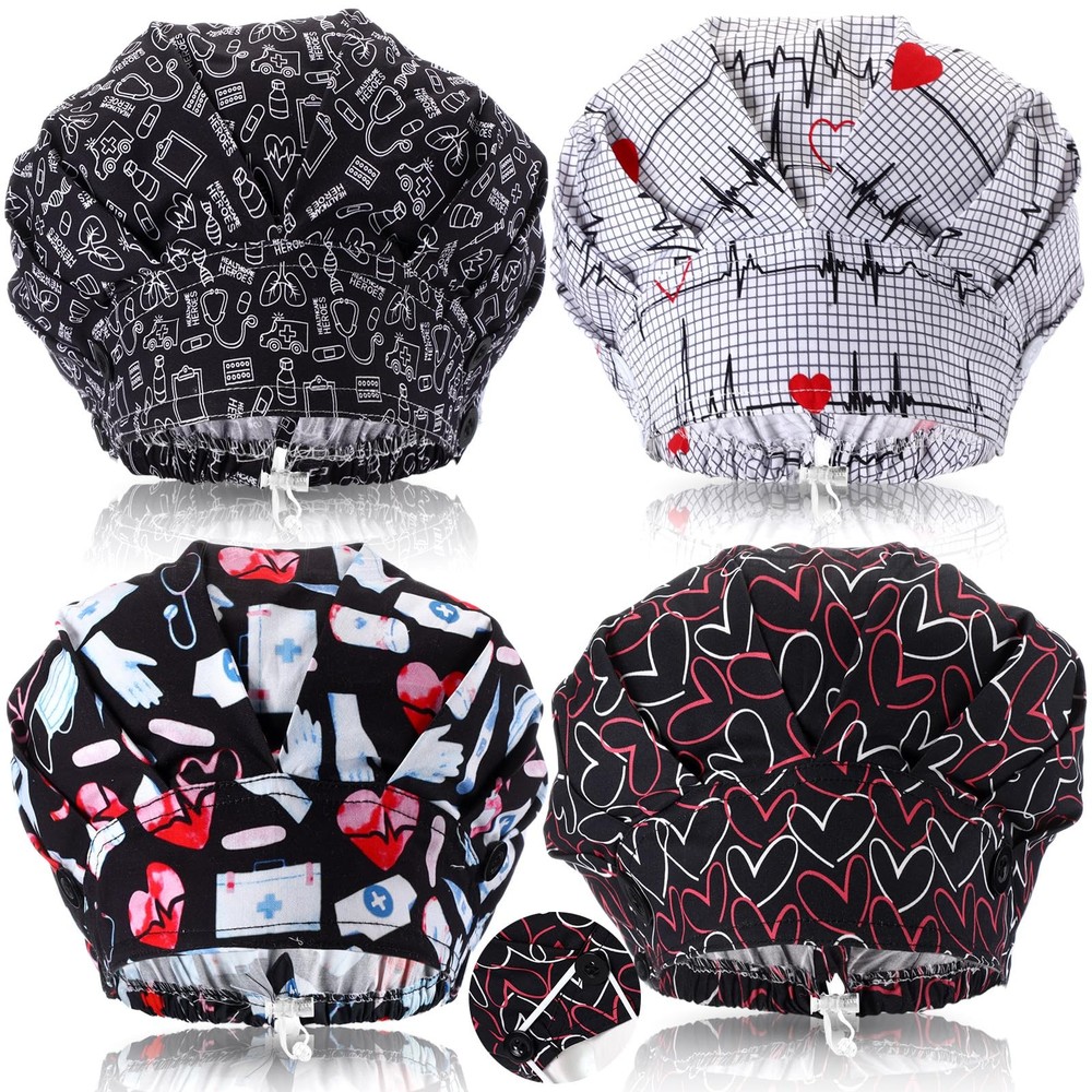 4 Pieces Bouffant Caps with Button Sweatband Adjustable Nurse Working Hat