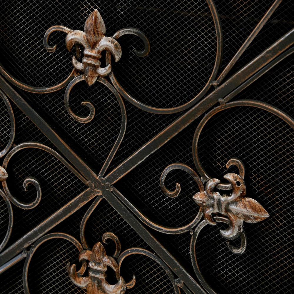 Metal Scroll Fireplace Screen Foldable Arched 3 Panel with Fleur De Lis Accents,