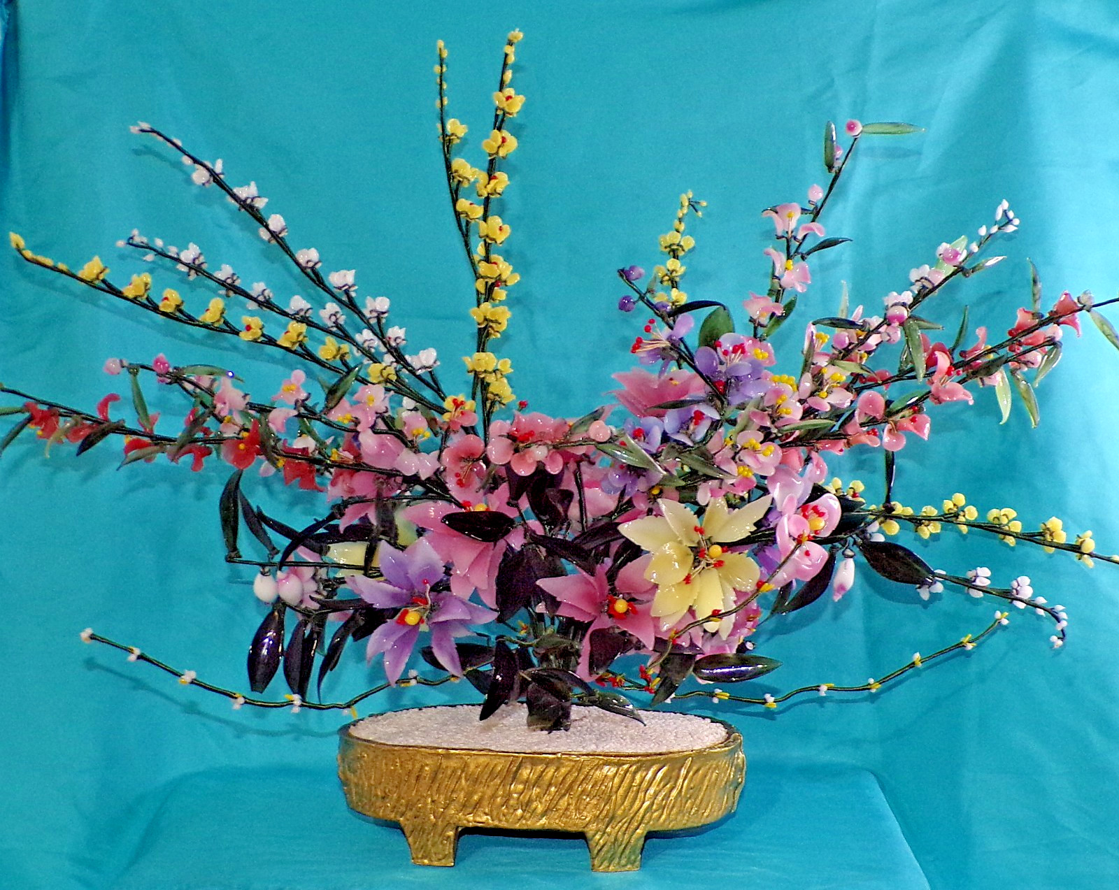 Large Jade Quartz Stone Glass Flower Bonsai Tree Vintage 20H x 30W Centerpiece