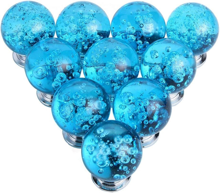 IEIK10 PCS Crystal Cabinet Knobs Azure Blue Round Glass Bubbles Knobs Smooth ...