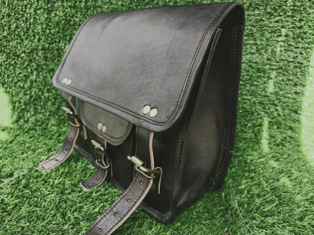 Solid Black Best Leather COMBO Motorcycle Saddle Panniers Tool Pouch Side Bag