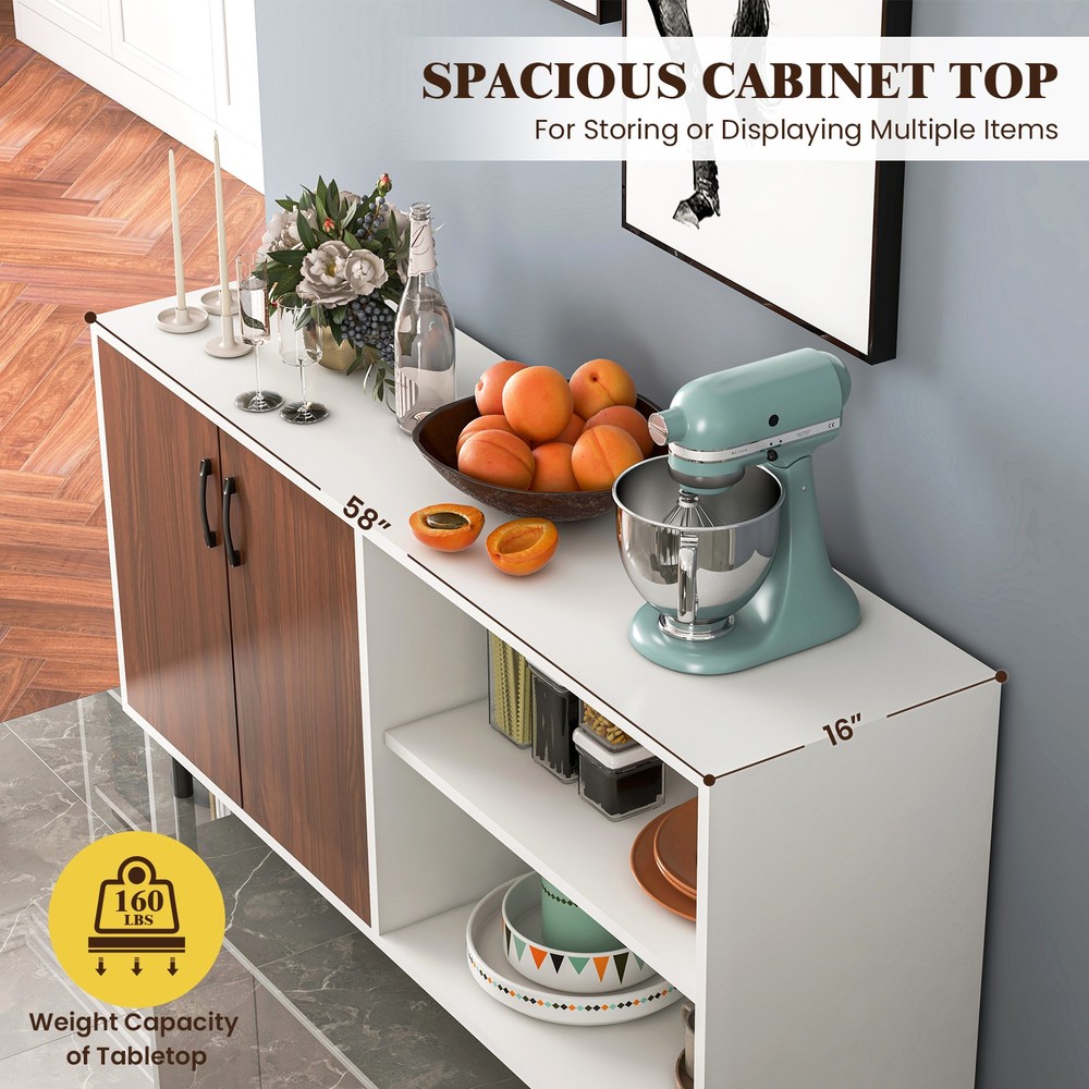 Modern Sideboard Cabinet w/ Spacious Tabletop & Multiple Shelves Walnut White