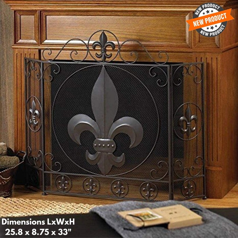 Fleur-De-Lis Fireplace Screen Elegant Decor Flower Spark Guard Gate Wrought Iron