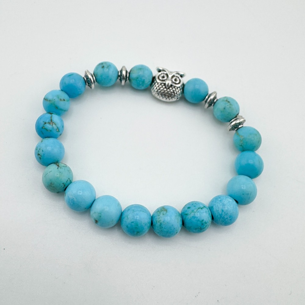 4 Turquoise Bead Bracelets Stretch Owl Stack Layer Southwestern Retro Boho