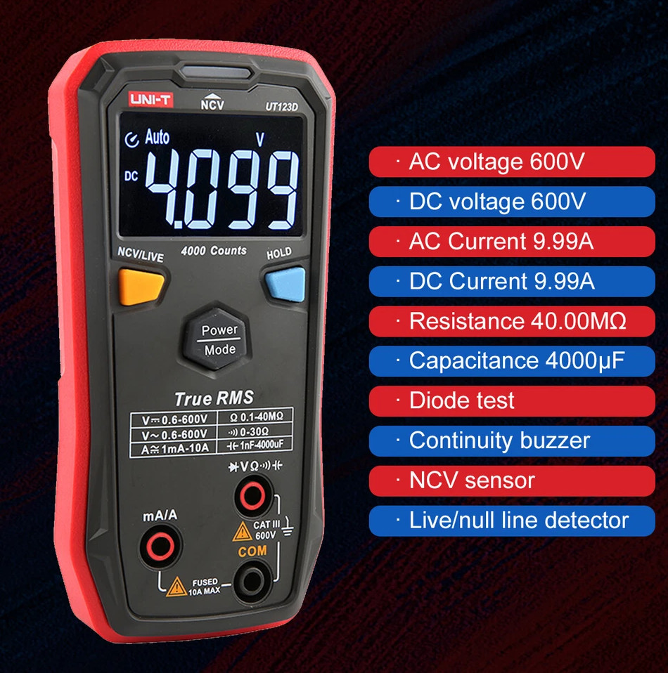 UT123D True RMS NCV DC AC Ohm Cap Live Wire Test Smart Digital Multimeter Tool