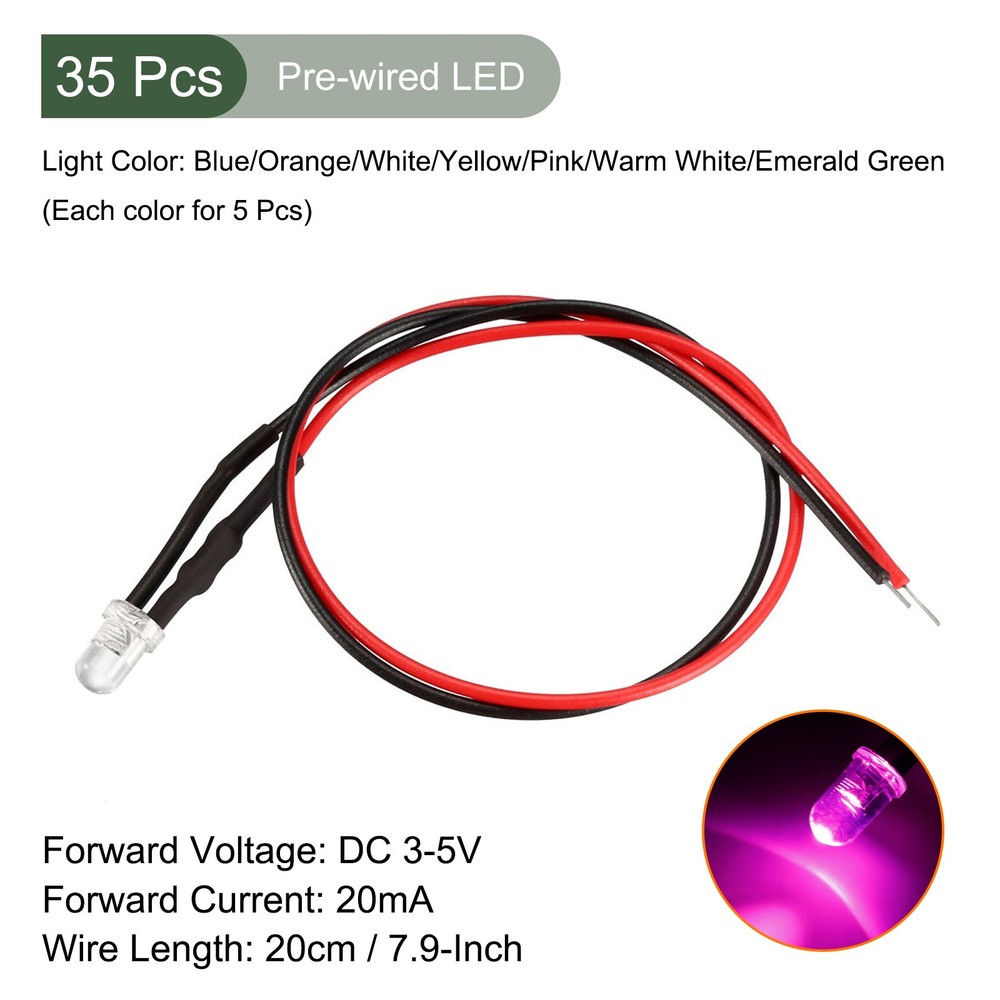 35 Pcs 3mm Pre-Wired Diffused LED Diodes Light(Mixed Colour, 20mA, DC 3-5V)