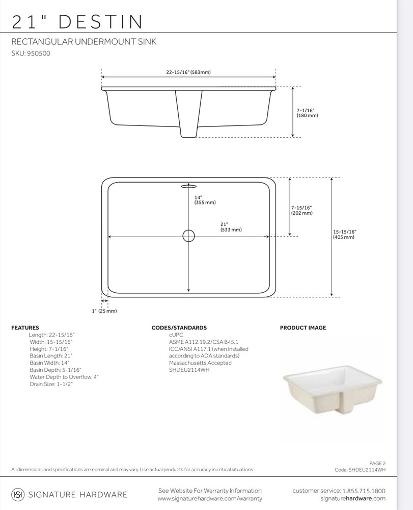 Signature Hardware Destin Rectangular 21”Porcelain Undercount Bathroom Sink