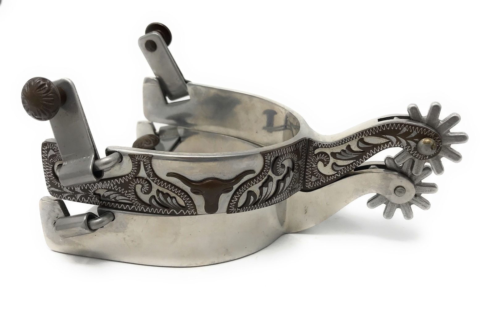 Longhorn Floral Show Spurs Antique Brown Engraved Overlay Stainless Steel Mens