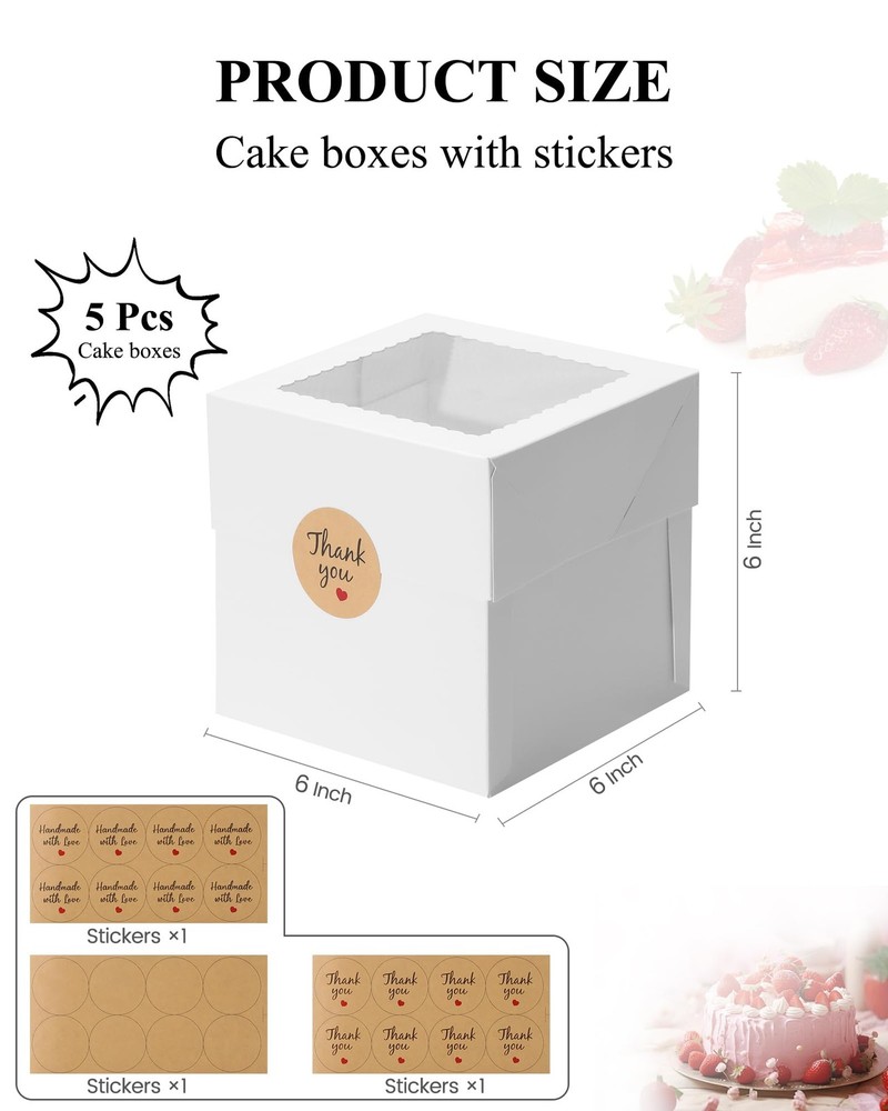 5 PCS Mini Cake Boxes With Window 6x6x6 Inch Square Bakery Container White