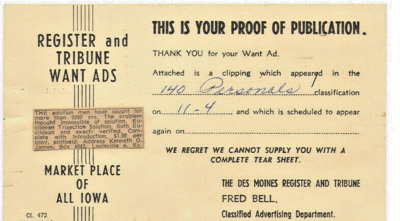 VTG 1962 CLASSIFIED ADVERTISEMENT! 'EUCLIDEAN TRISECTION SOLUTION'! IMPOSSIBLE??