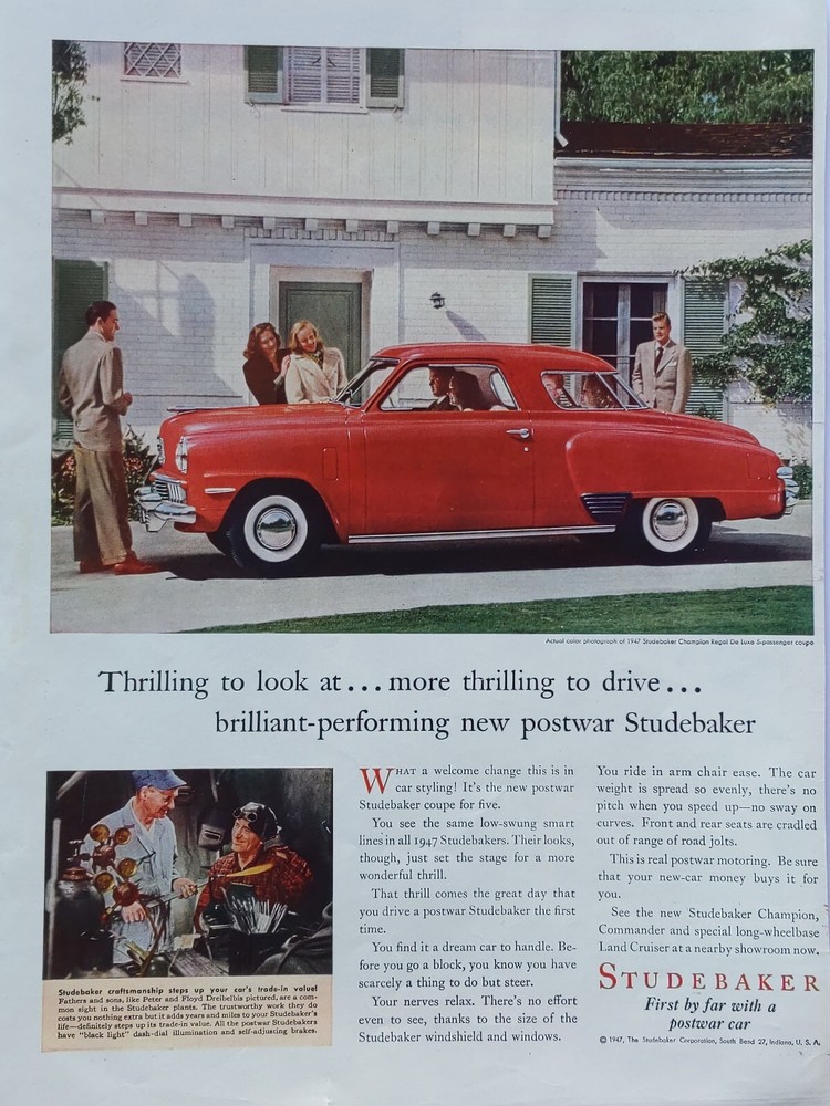 1947 vintage Studebaker print ad. Excitingly different post-war Studebaker