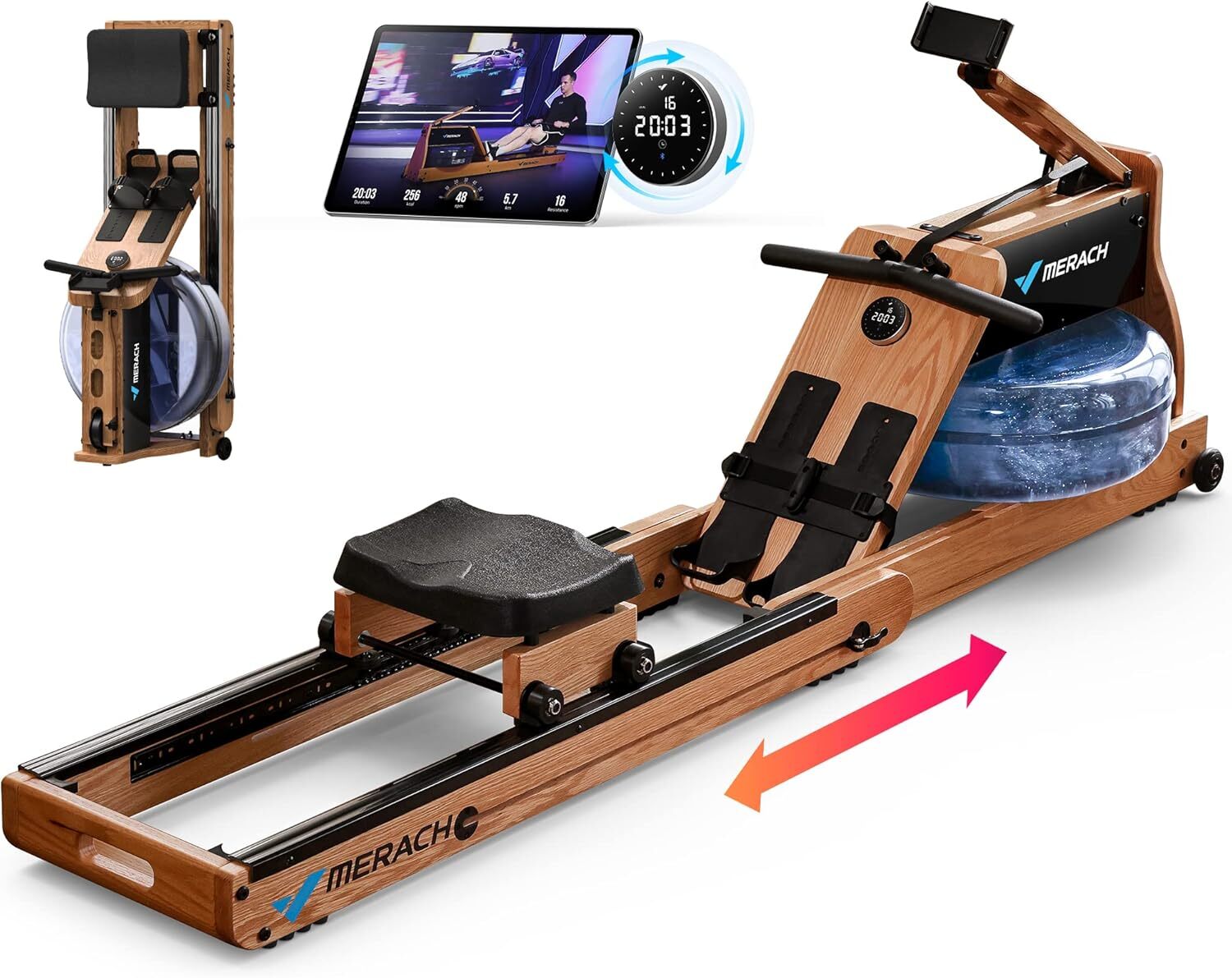MERACH 950 Foldable Wooden Workout Rowing Machine Water Electromagnetic for Home