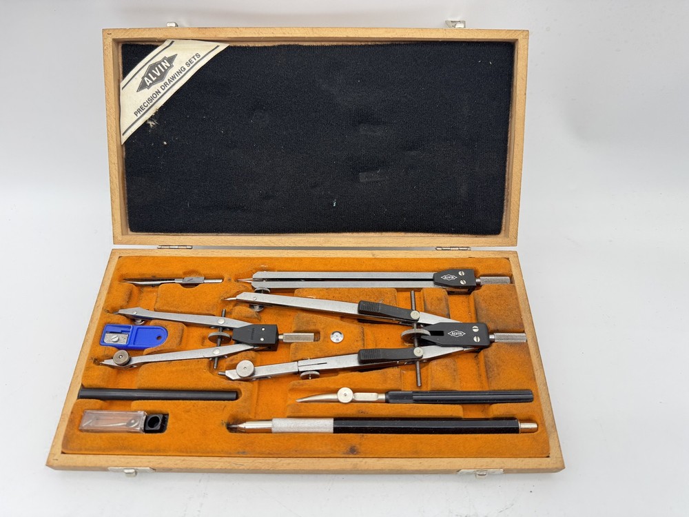 Vintage Alvin Precision Drawing Set Drafting Tools Compass German Wood Case