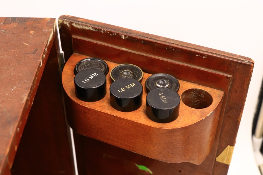 Antique Bausch & Lomb Microscope With Original Wooden Case Optics