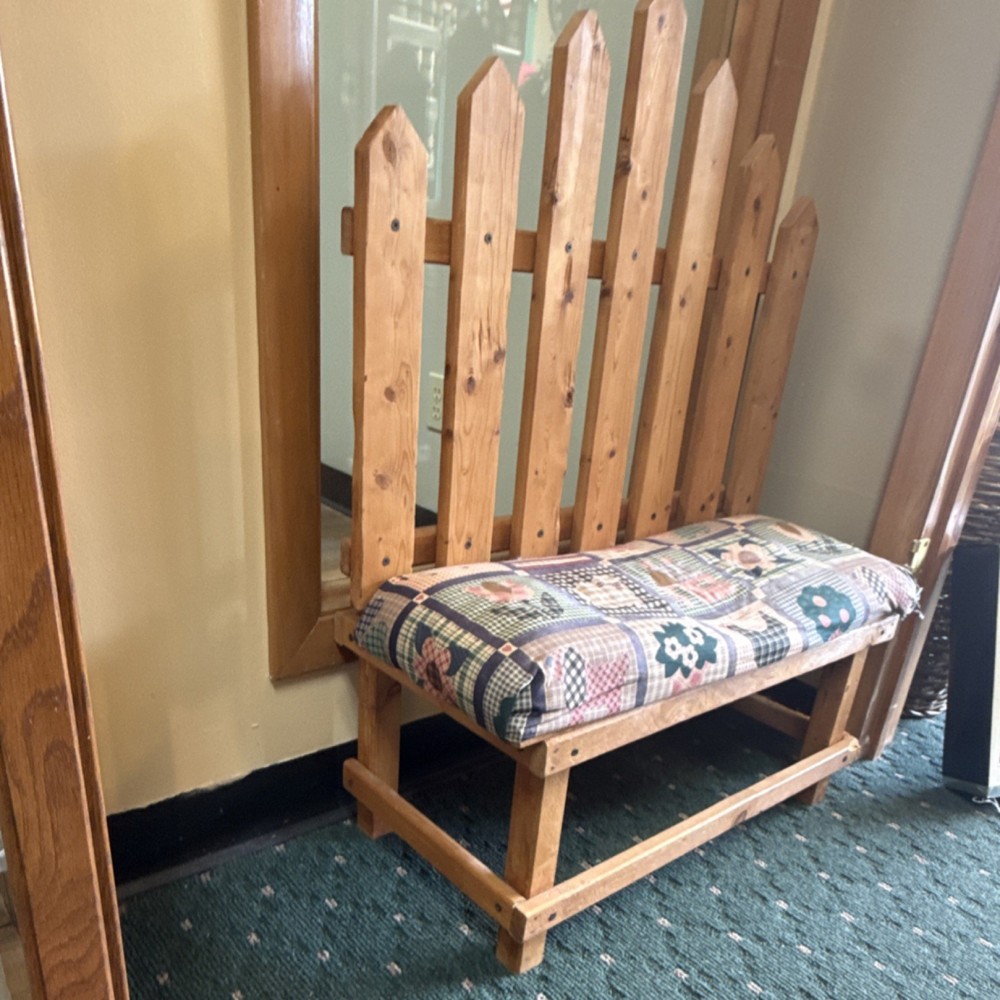 Wood Bench Patchwork Upholstered Seat Picket Fence Backrest Rectangle