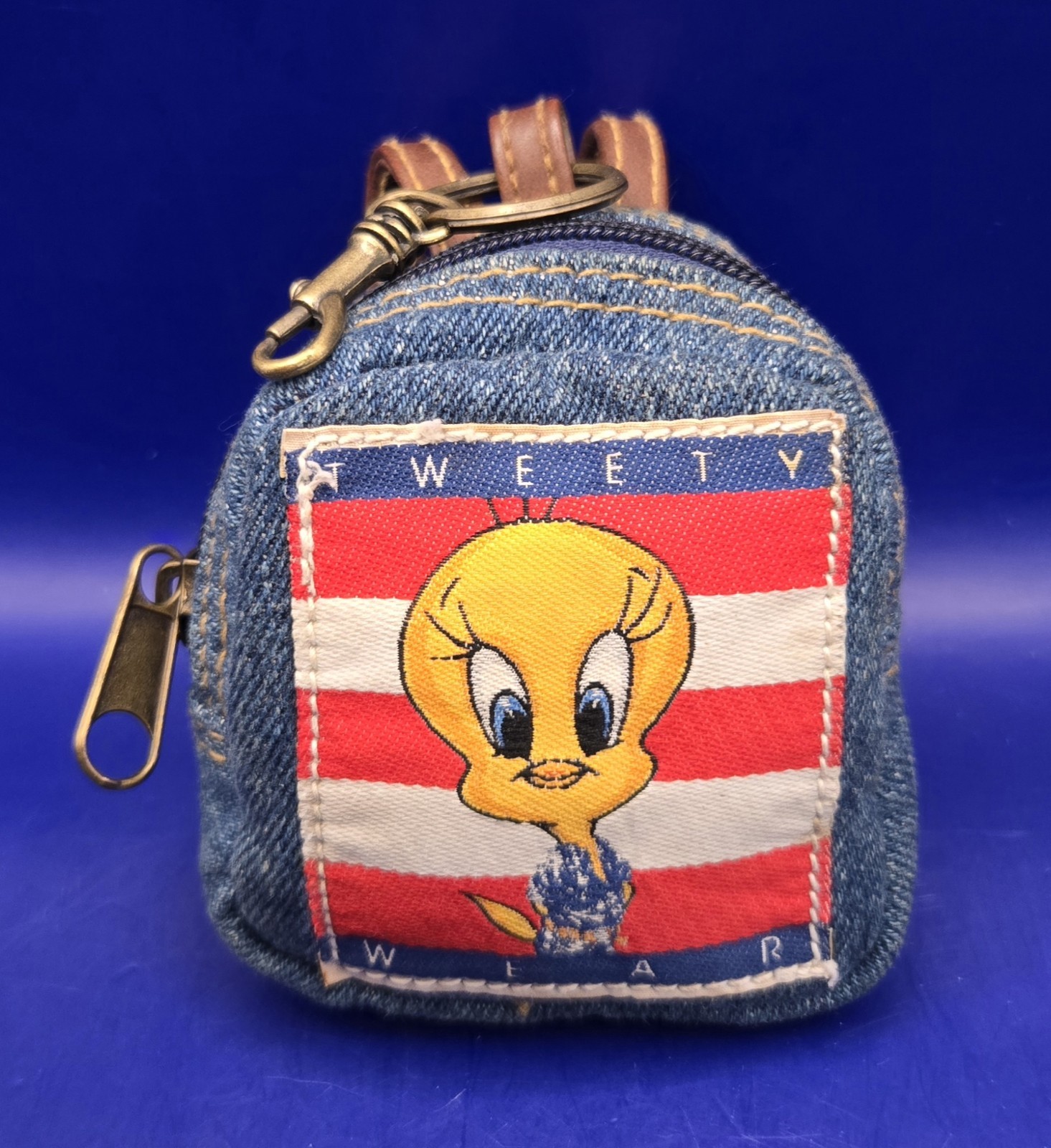 Vtg 1998 Warner Bros Looney Tunes "TWEETY WEAR" Mini Denim Backpack w/Keychain🐤