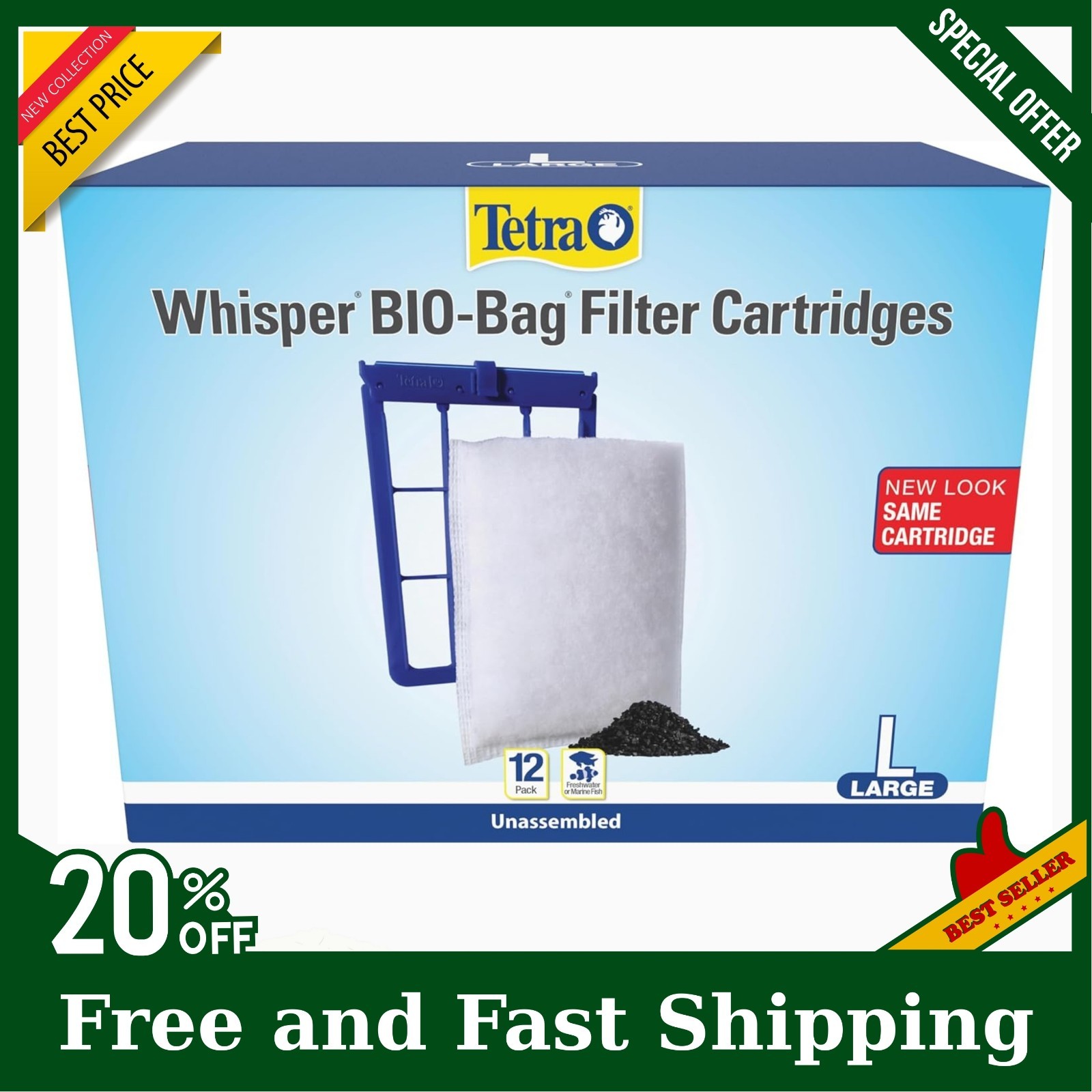 TETRA WHISPER BIO-BAG DISPOSABLE FILTER CARTRIDGES UNASSEMBLED LARGE 12 PACK New