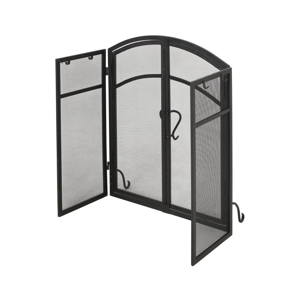 Modern 3 Panel Iron Folding Fireplace Screen with Doors and Tools Matte Black
