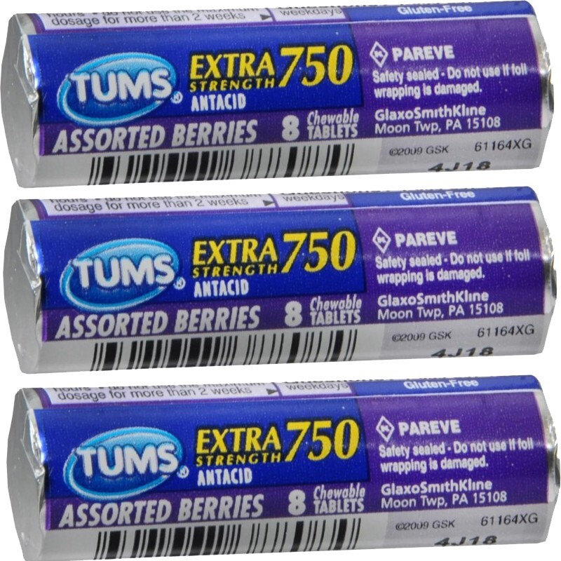 Tums Extra Strength 750 Assorted Berries Antacid Tablets (8 per roll), 3 Rolls