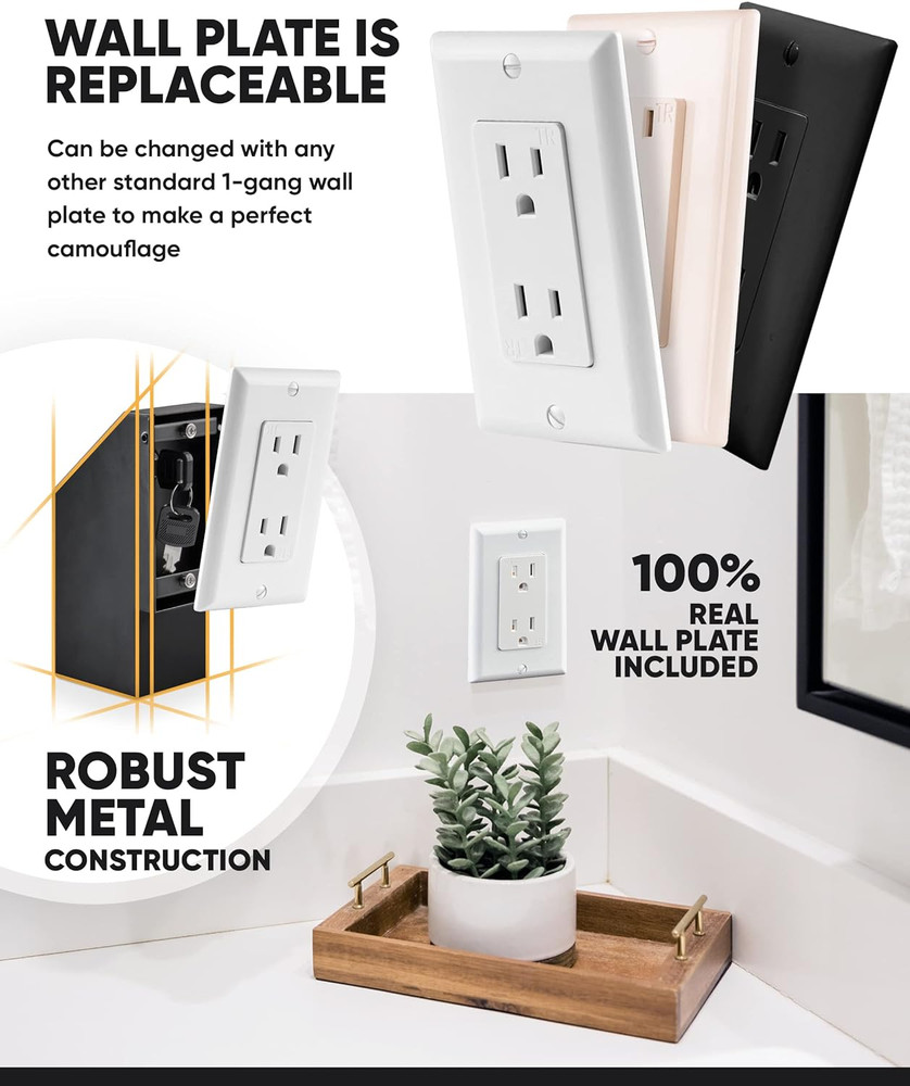 Robust Steel Construction Wall Outlet Hidden Safe with Replaceable Wall Plate