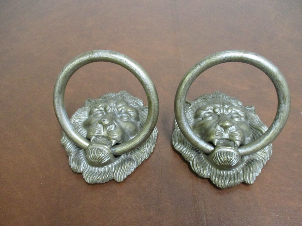2 Vintage Large Brass Lion Head Drawer Pulls Knobs handles