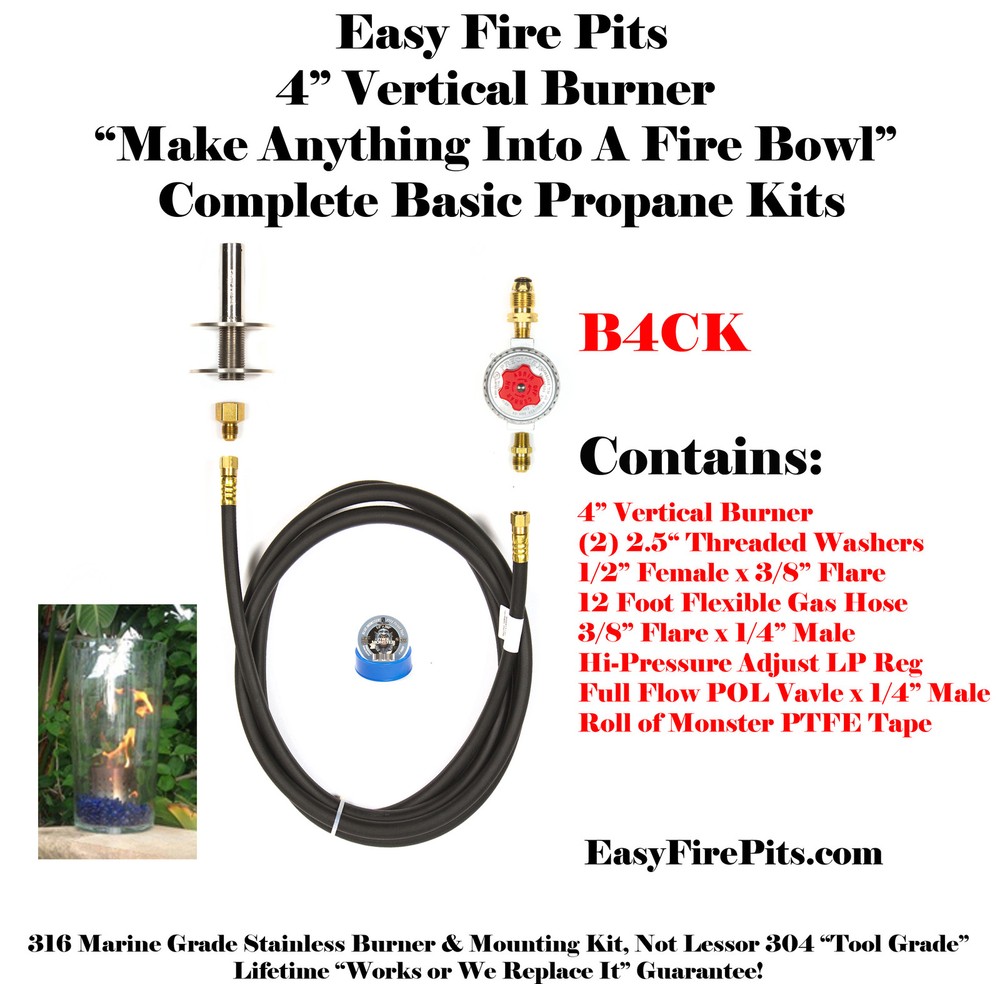 B4CK: BASIC PROPANE DIY GAS FIRE PIT KIT & 4" LIFETIME WARRANTED 316 BURNER