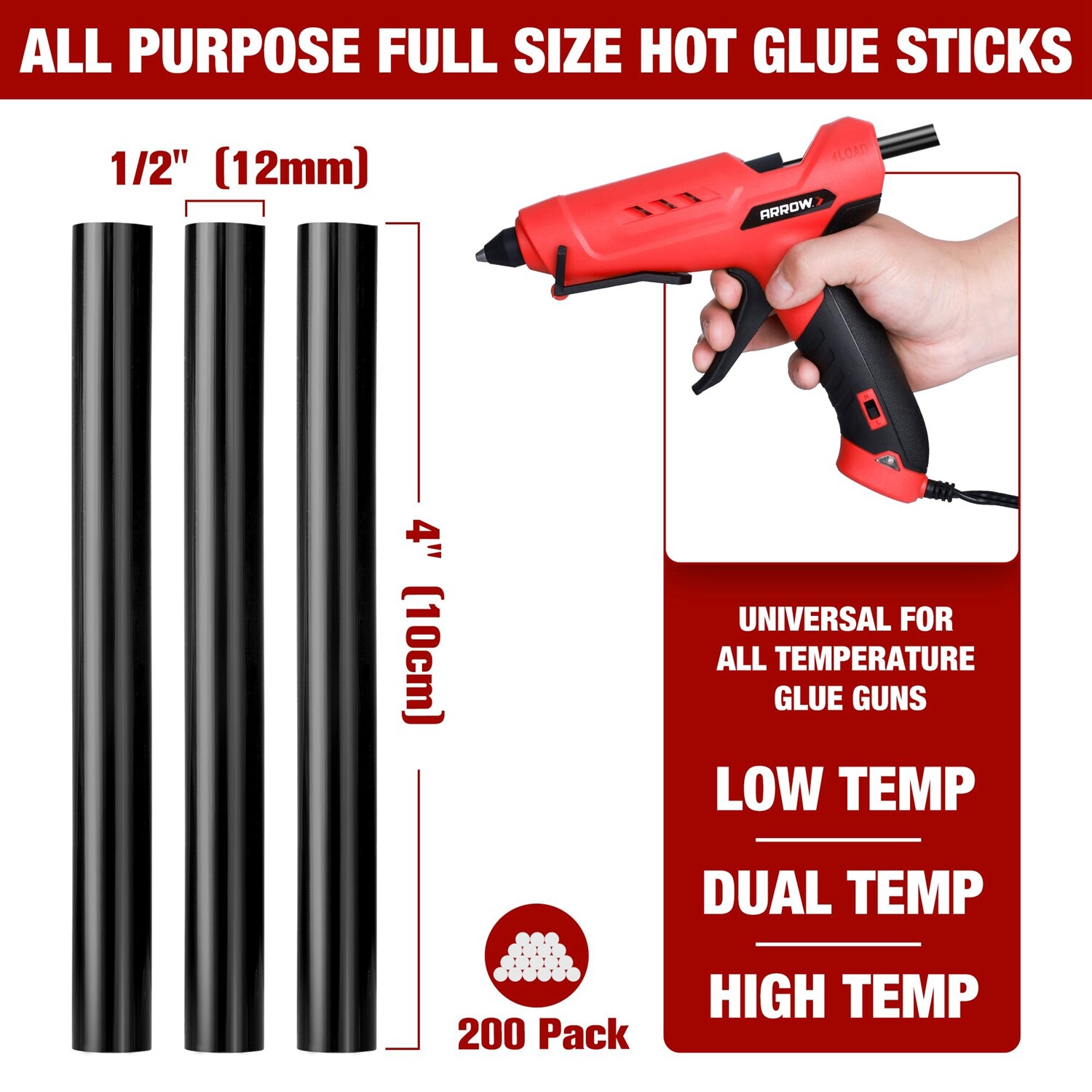 Arrow 200PC Full Size Hot Glue Stick Black Glue Gun Stick 4"x1/2" Hot Melt Stick