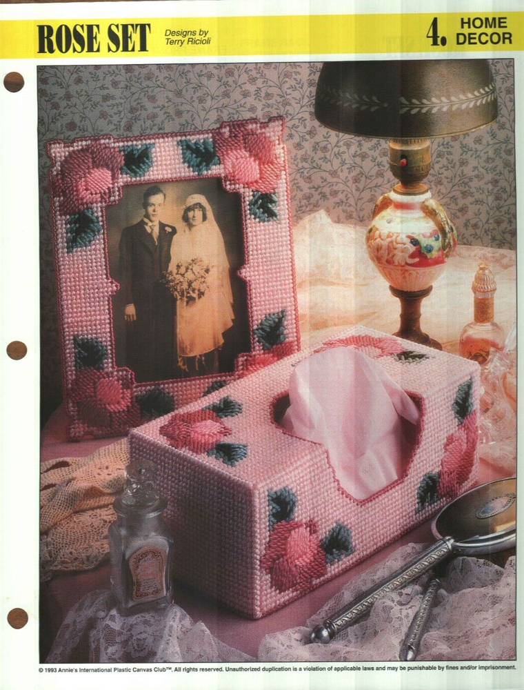NEW ROSE SET TISSUE COVER & FRAME ANNIE'S PLASTIC CANVAS PATTERN INSTRUCTIONS