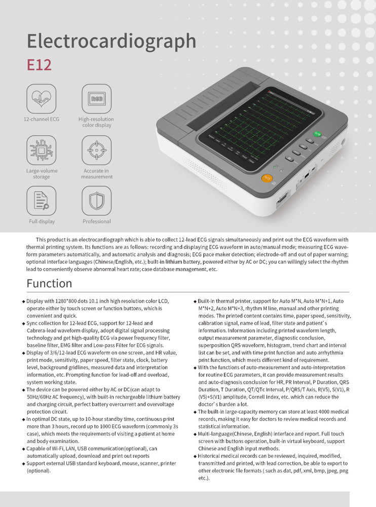 Digital 12 Channel/Lead ECG Machine PC Sync software Color Display Touch Screen