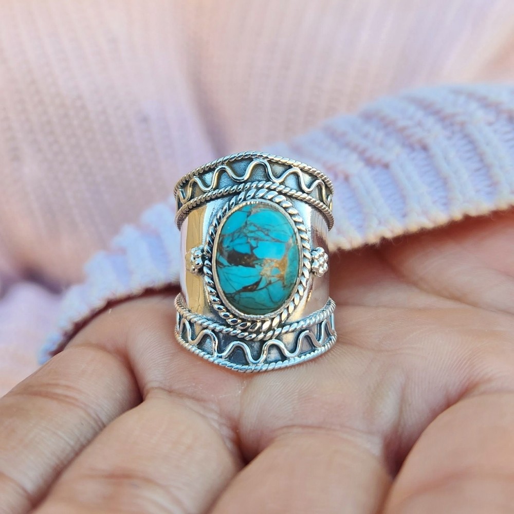 Genuine Turquoise Ring 925 Sterling Silver Boho Copper Turquoise Statement Ring